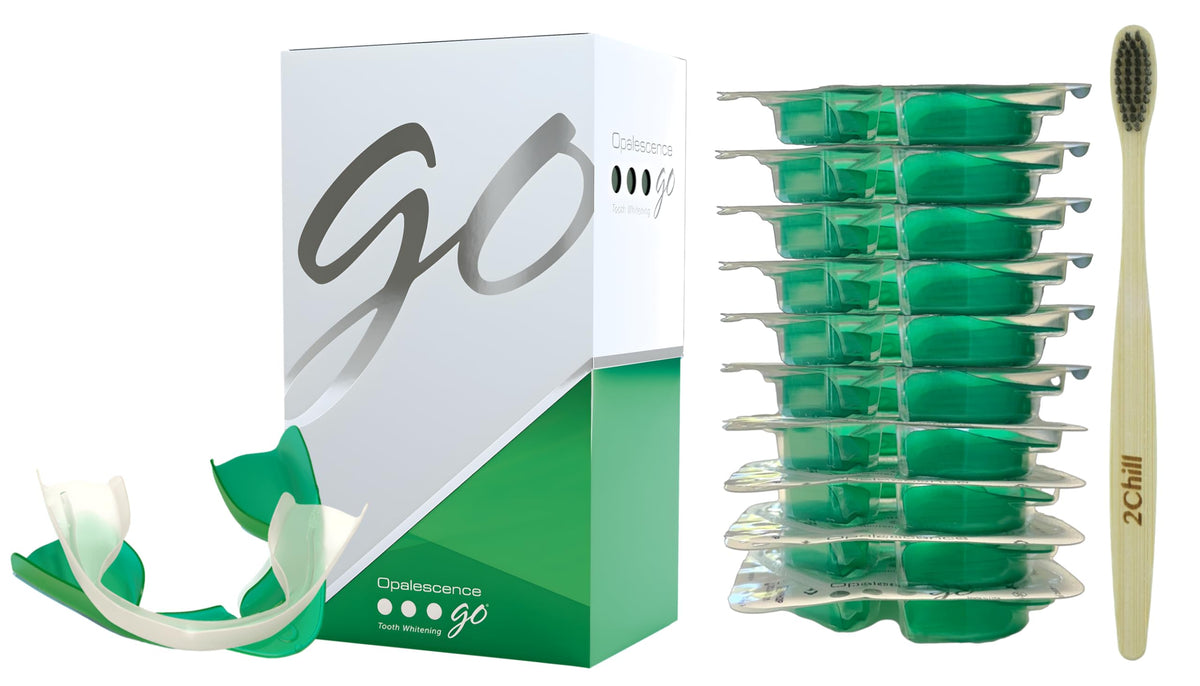 Opalescence Go 10% prefilled whitening trays shown with top and bottom trays for 10 treatments