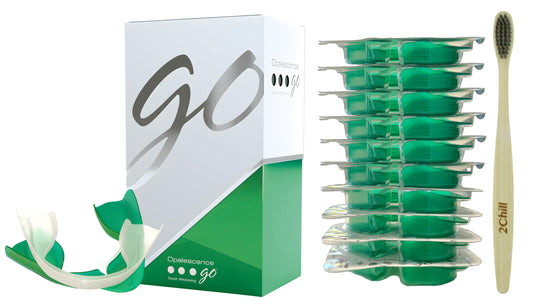 Opalescence Go 10% prefilled whitening trays shown with top and bottom trays for 10 treatments