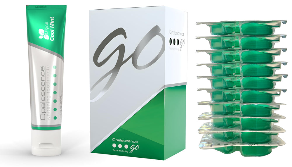 Opalescence Go 15% hydrogen peroxide prefilled whitening trays (top and bottom).