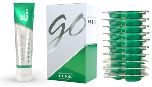 Opalescence Go 15% hydrogen peroxide prefilled whitening trays (top and bottom).