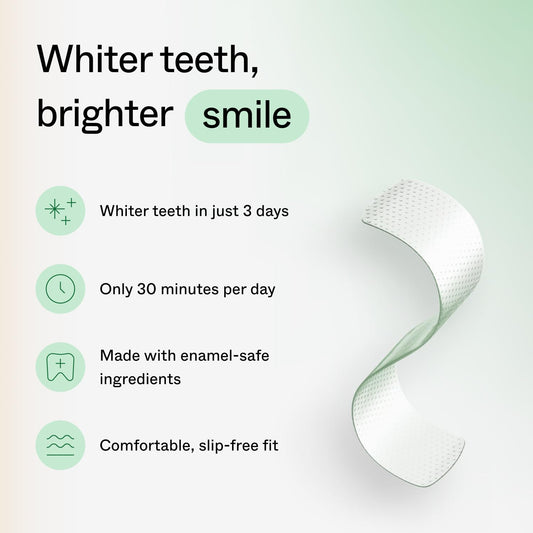 Close-up of whitening strips being applied to upper teeth