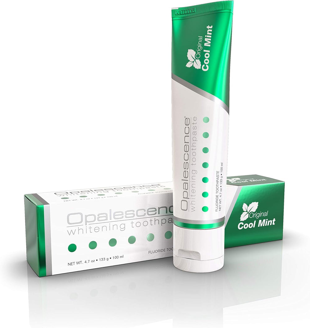 Close-up of Opalescence toothpaste tube with Cool Mint design