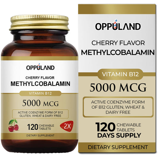 Bottle of Oppuland Methyl B-12 5000mcg Cherry Flavor chewable tablets, 120 count