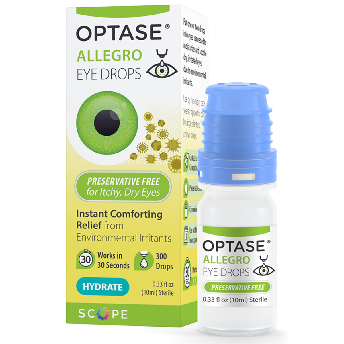 Optase Allegro Eye Drops bottle front showing preservative-free lubrication benefit