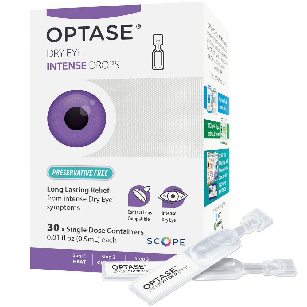 Optase Dry Eye Intense Drops bottle close-up for on-the-go hydration.