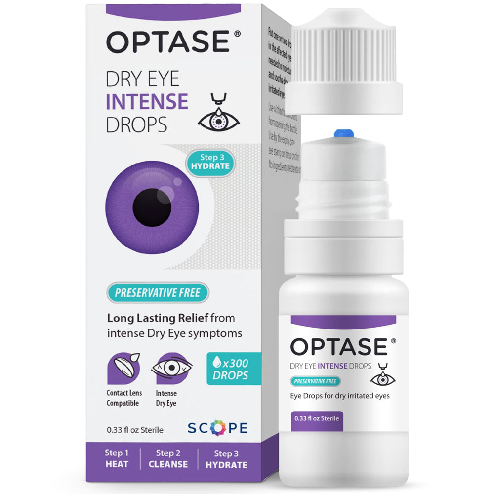 Optase Dry Eye Intense Drops bottle shows preservative-free formula for sensitive eyes.