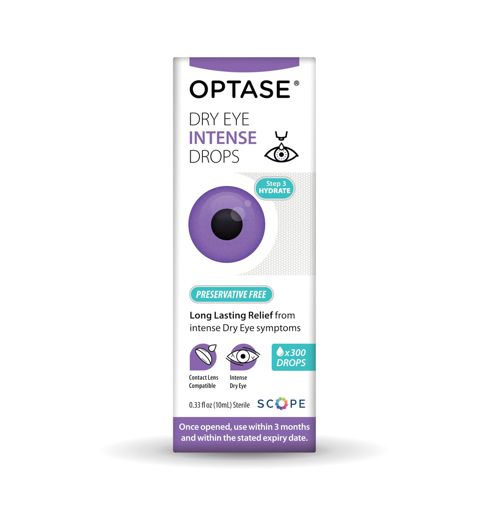 Optase Dry Eye Intense Drops dropper image emphasizes precise, gentle use.