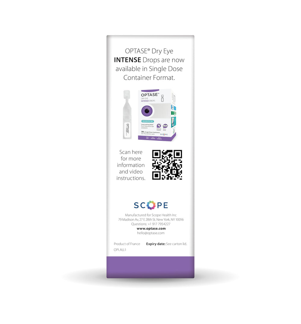 Optase Dry Eye Intense Drops label close-up conveys clarity and hygiene.