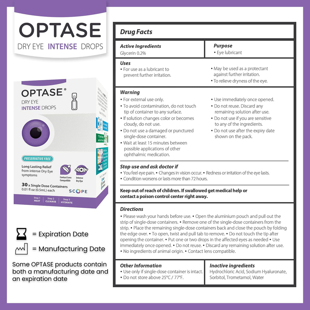 Optase Dry Eye Intense Drops single-dose vials pack emphasizing sterile, precise dosing.