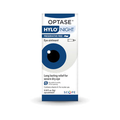 Optase HYLO Night Eye Ointment application on eyelid demonstrates gentle nocturnal use.