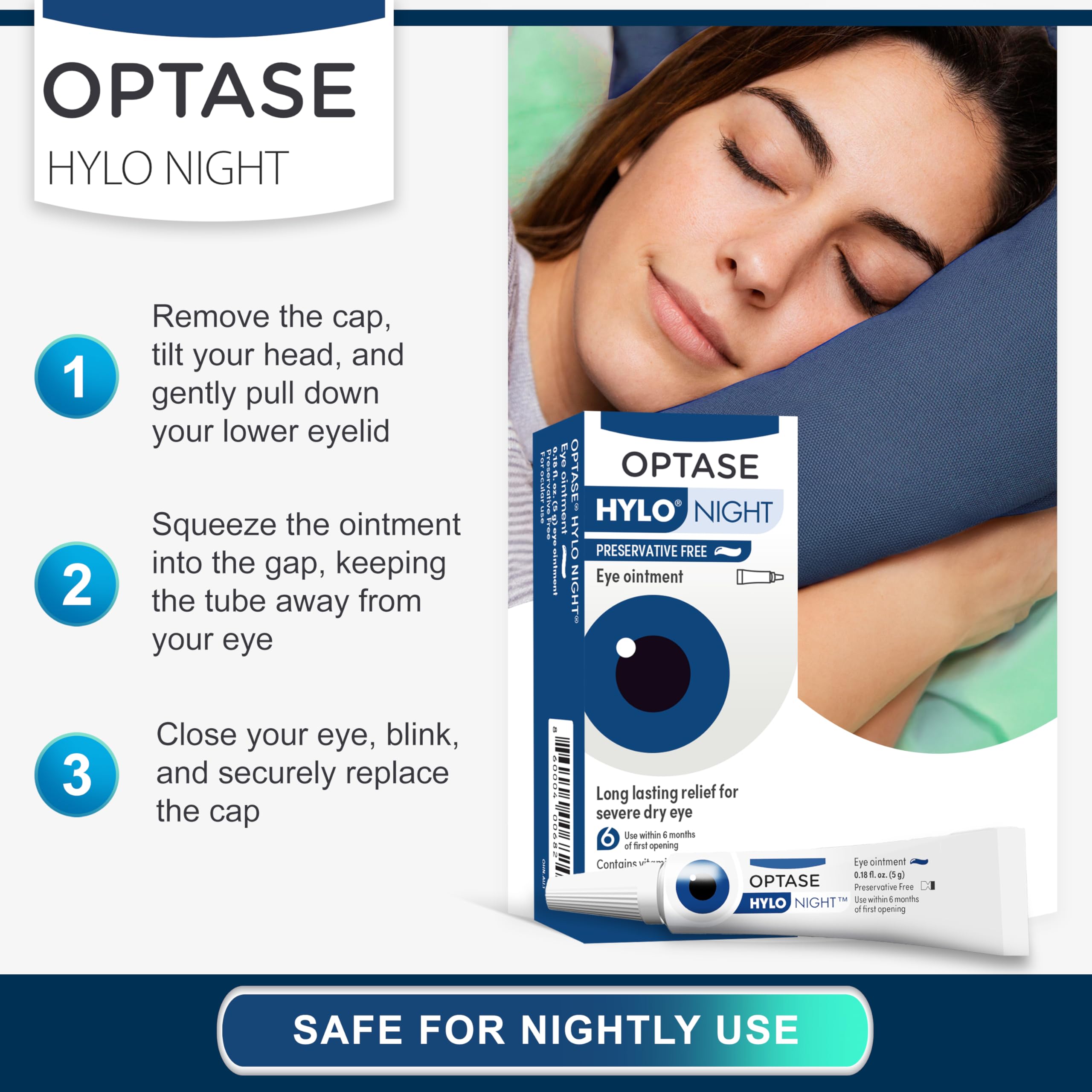 Optase HYLO Night Eye Ointment on nightstand ready for dry-eye relief.