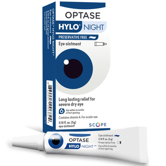 Optase HYLO Night Eye Ointment tube closeup for overnight eye lubrication.