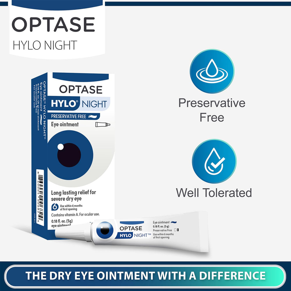 Optase HYLO Night Eye Ointment tube dispensing emphasizes precise nighttime application.