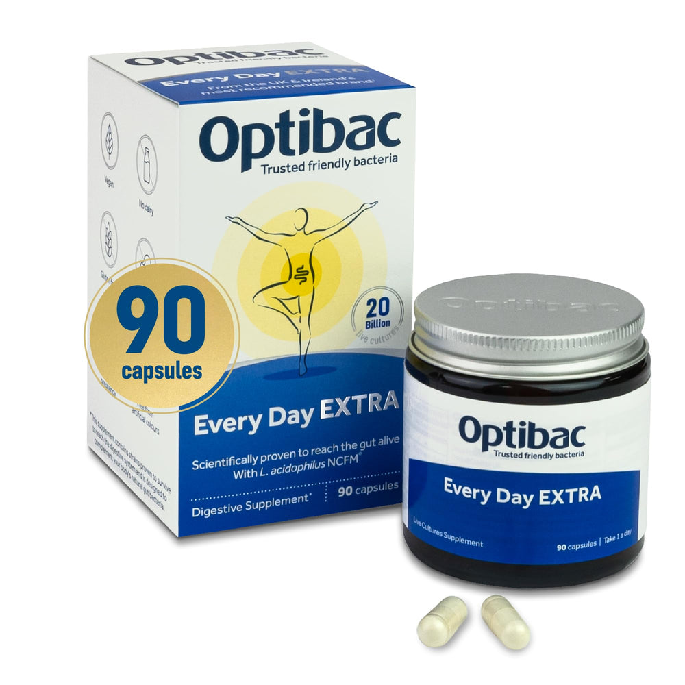 OptiBac For Every Day EXTRA vegan probiotic bottle with 90 capsules