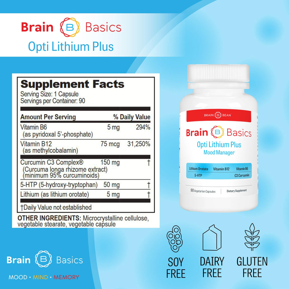 Key ingredients: lithium orotate, vitamin B12, 5-HTP, B6, and Curcumin (C3)