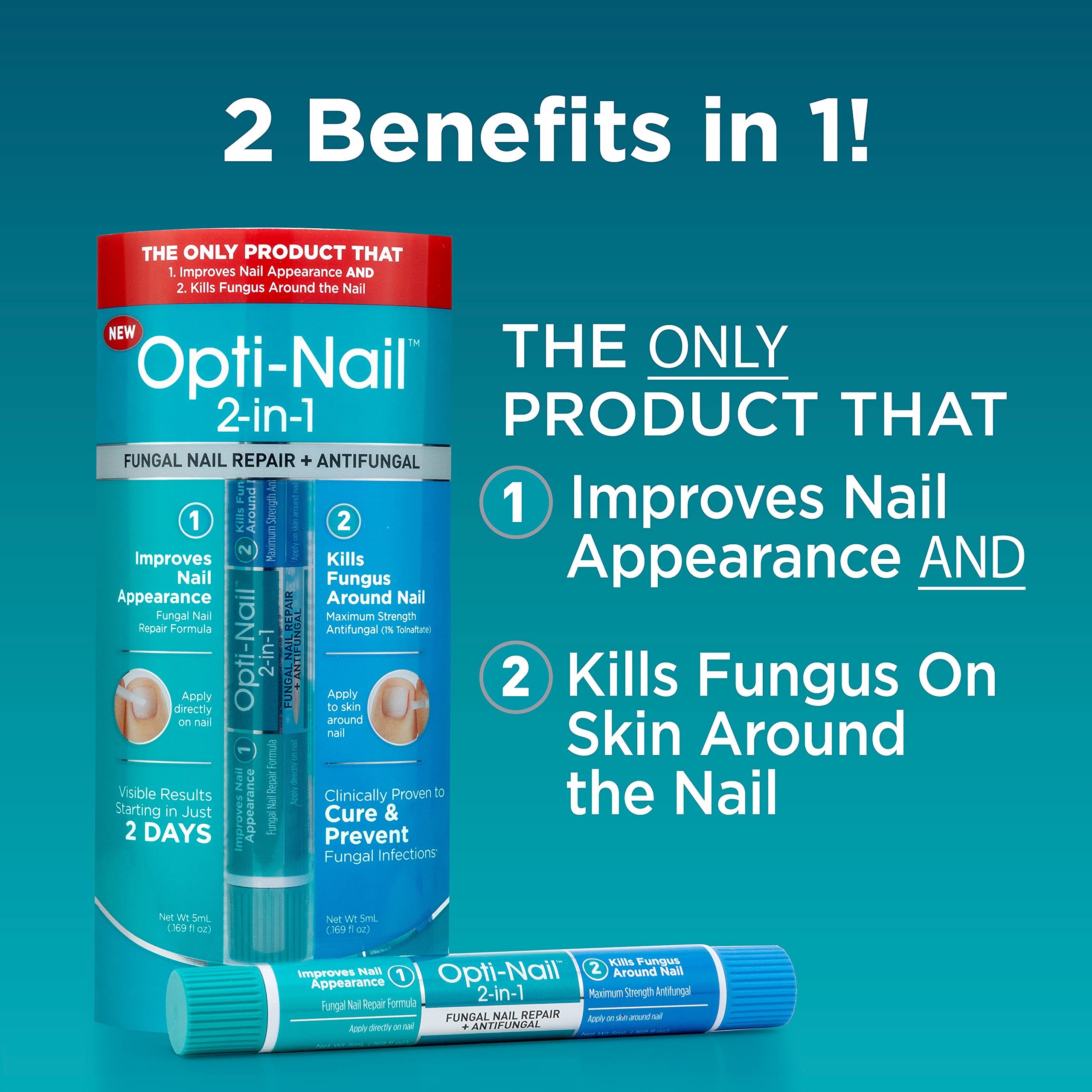 Opti-Nail antifungal solution applicator targets nails and surrounding skin for relief.