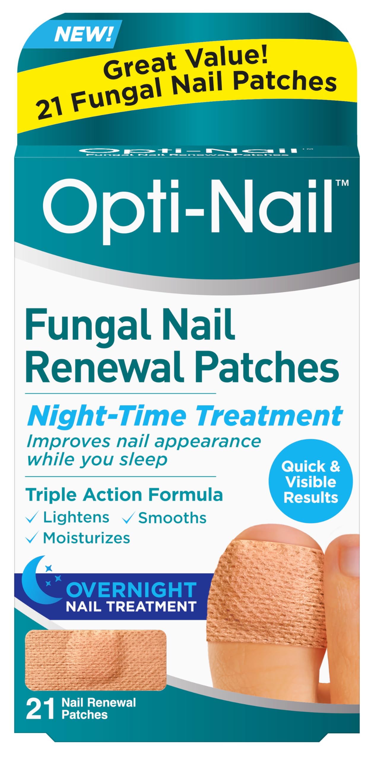 Opti-Nail fungal nail renewal patches 21-pack shown for improved nighttime nail appearance.