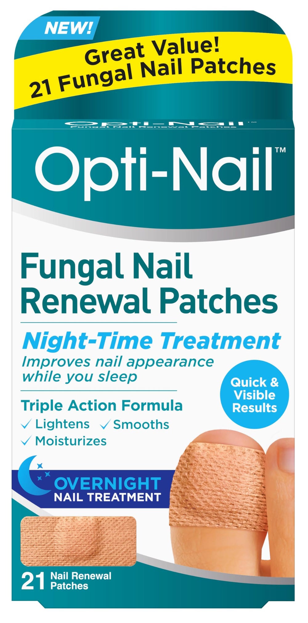 Opti-Nail fungal nail renewal patches 21-pack shown for improved nighttime nail appearance.