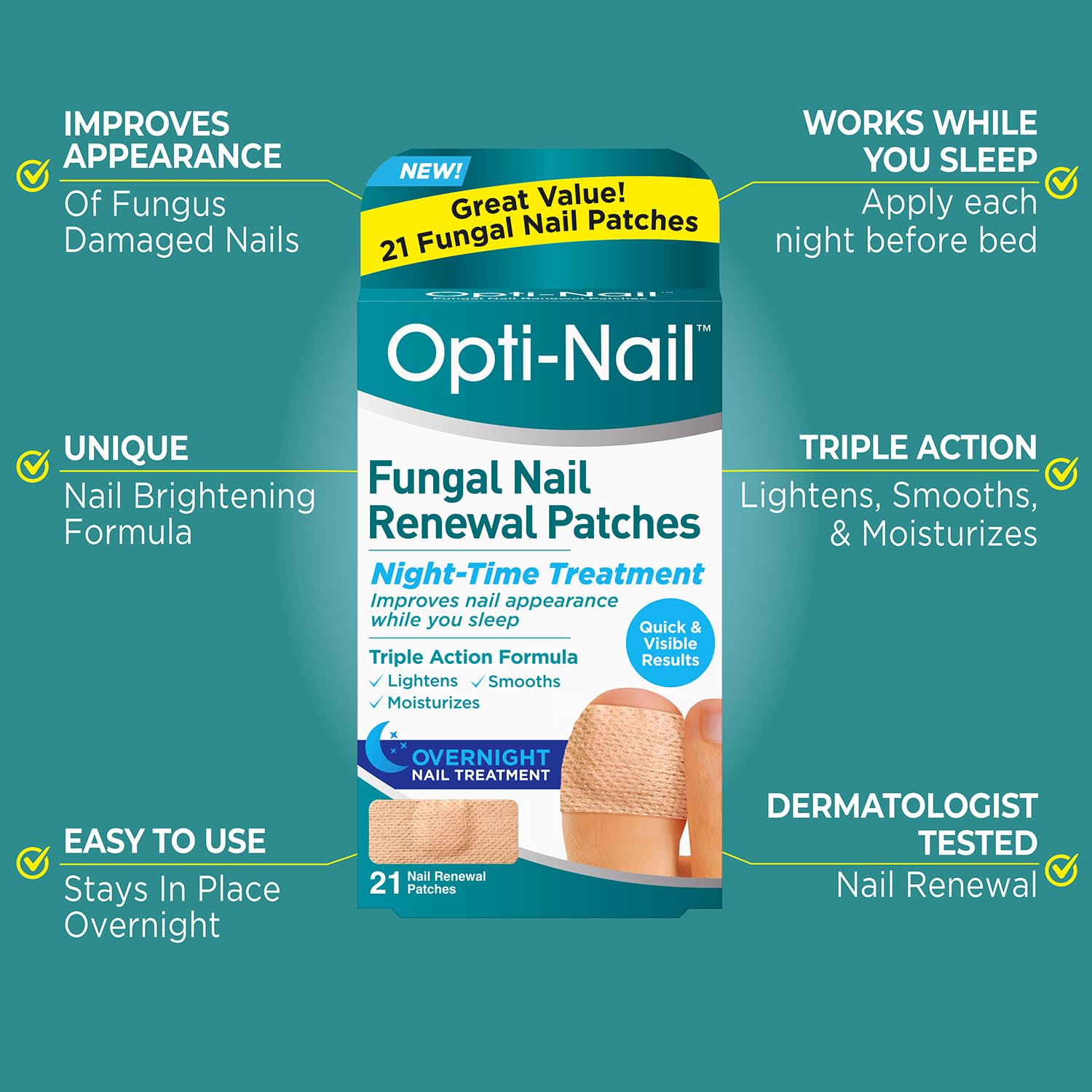 Opti-Nail triple-action formula smooths and lightens for clearer nails.