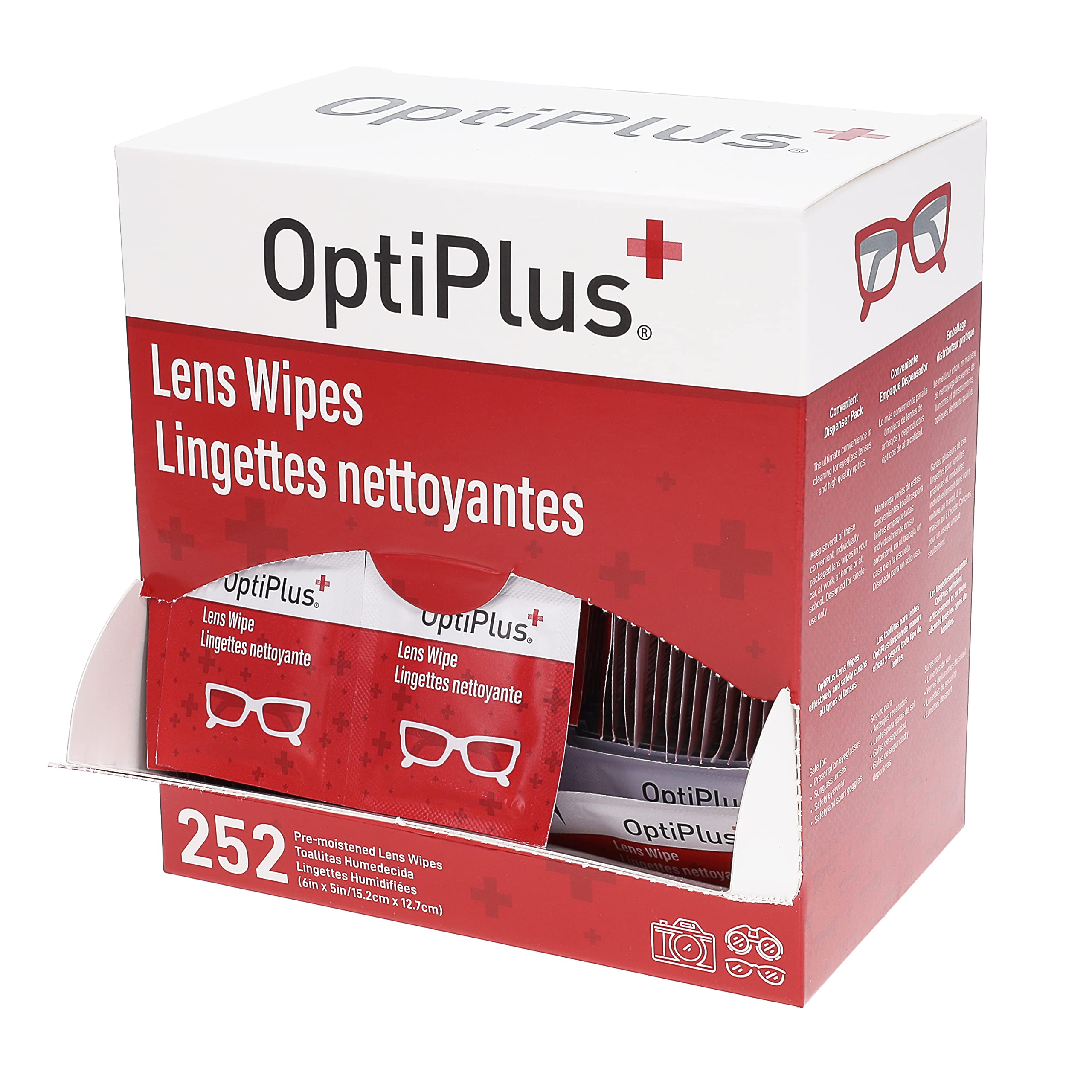 Individually wrapped lens wipes on a clean surface
