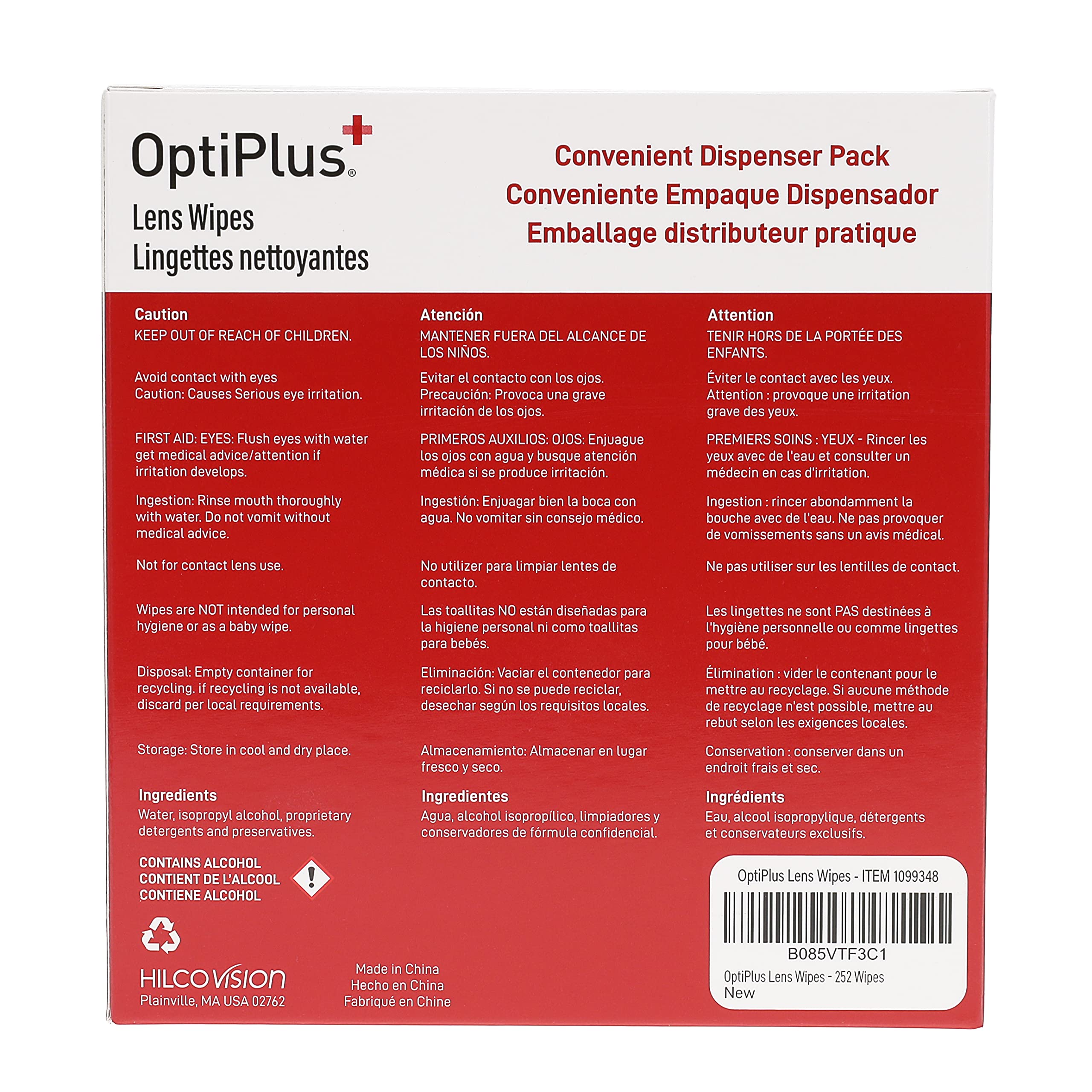 Display of OptiPlus lens wipes with quick-dry texture