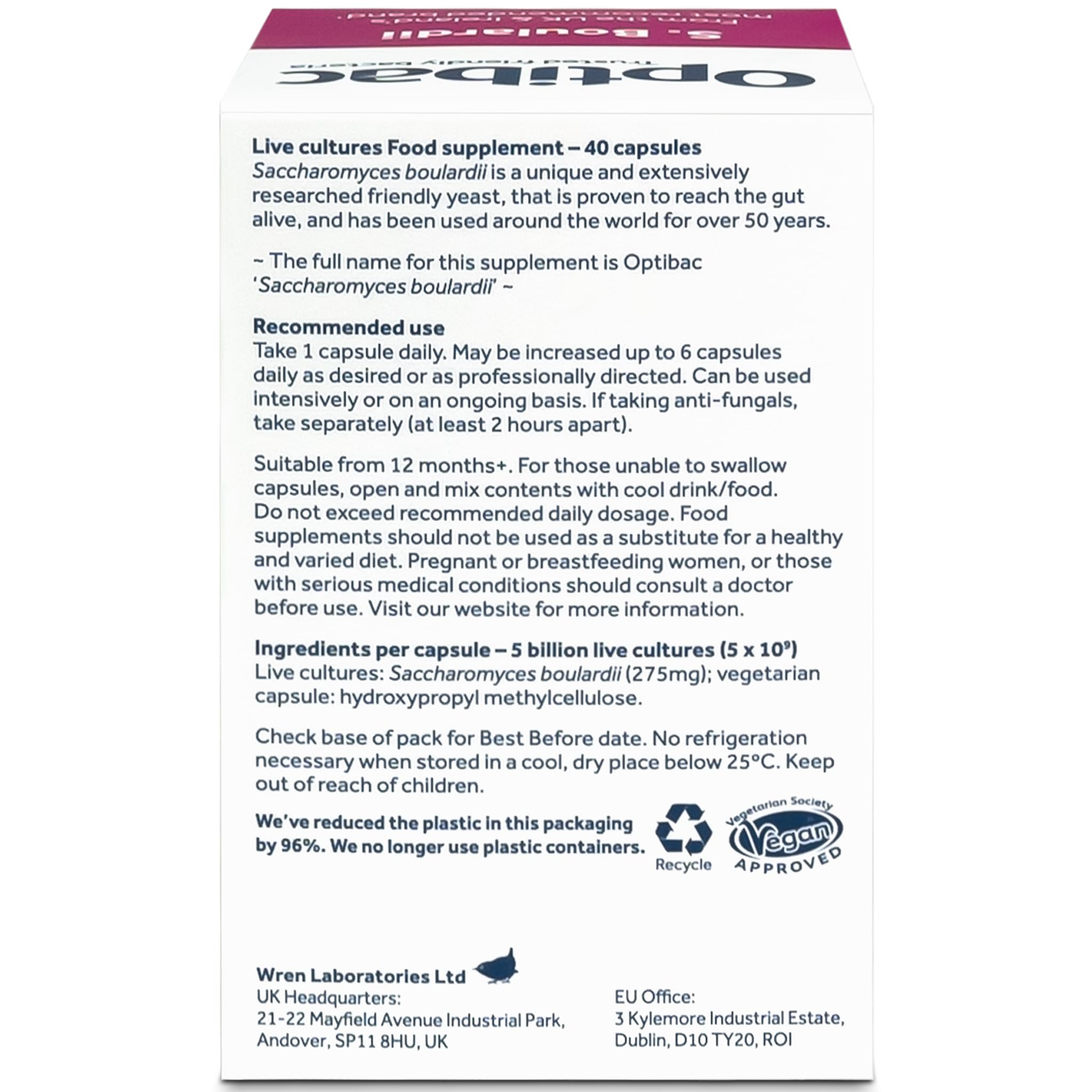 Close-up of Optibac bottle label with probiotic details