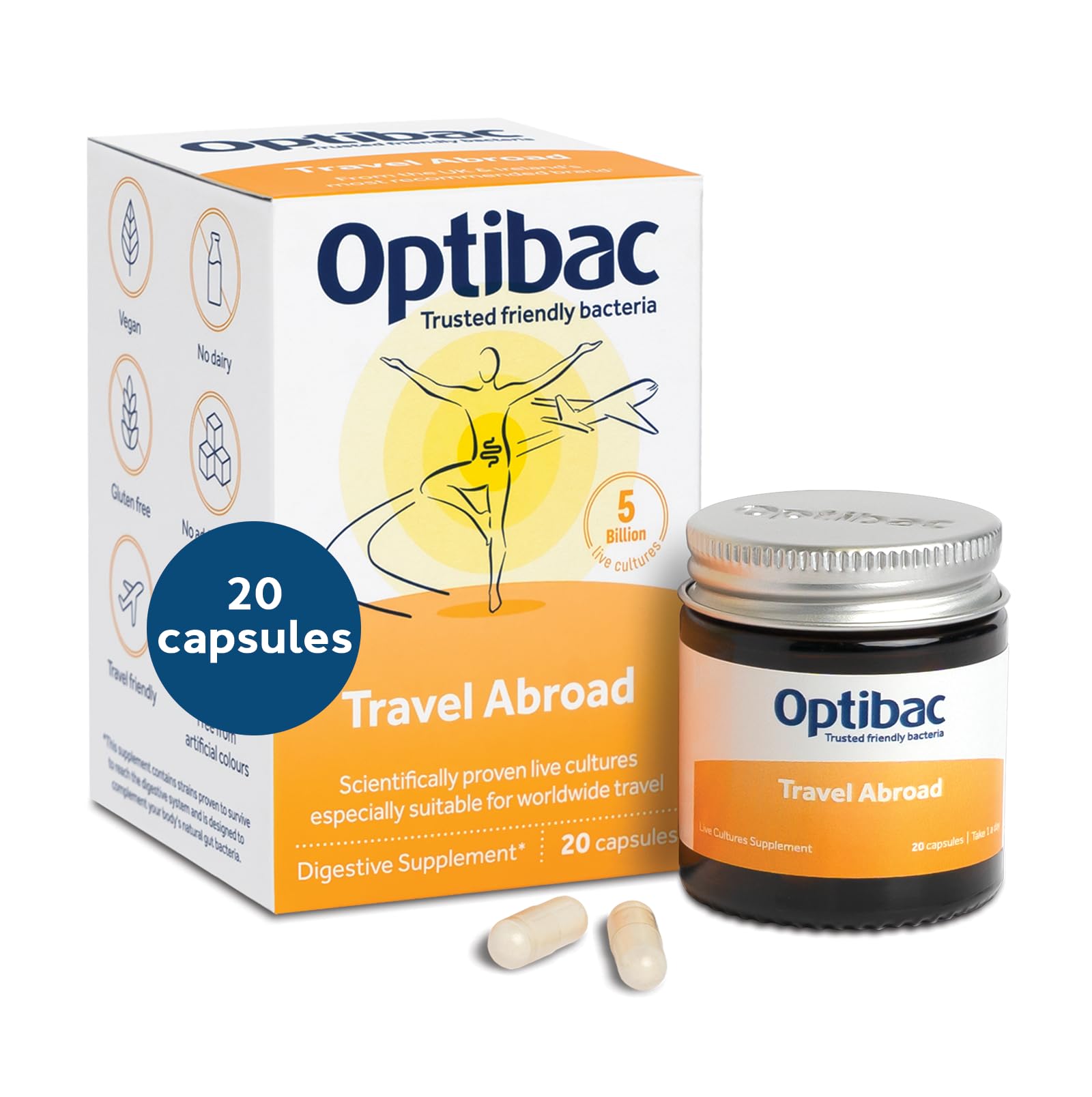 Optibac Probiotics Travelling Abroad packaging showing 20 vegetarian capsules