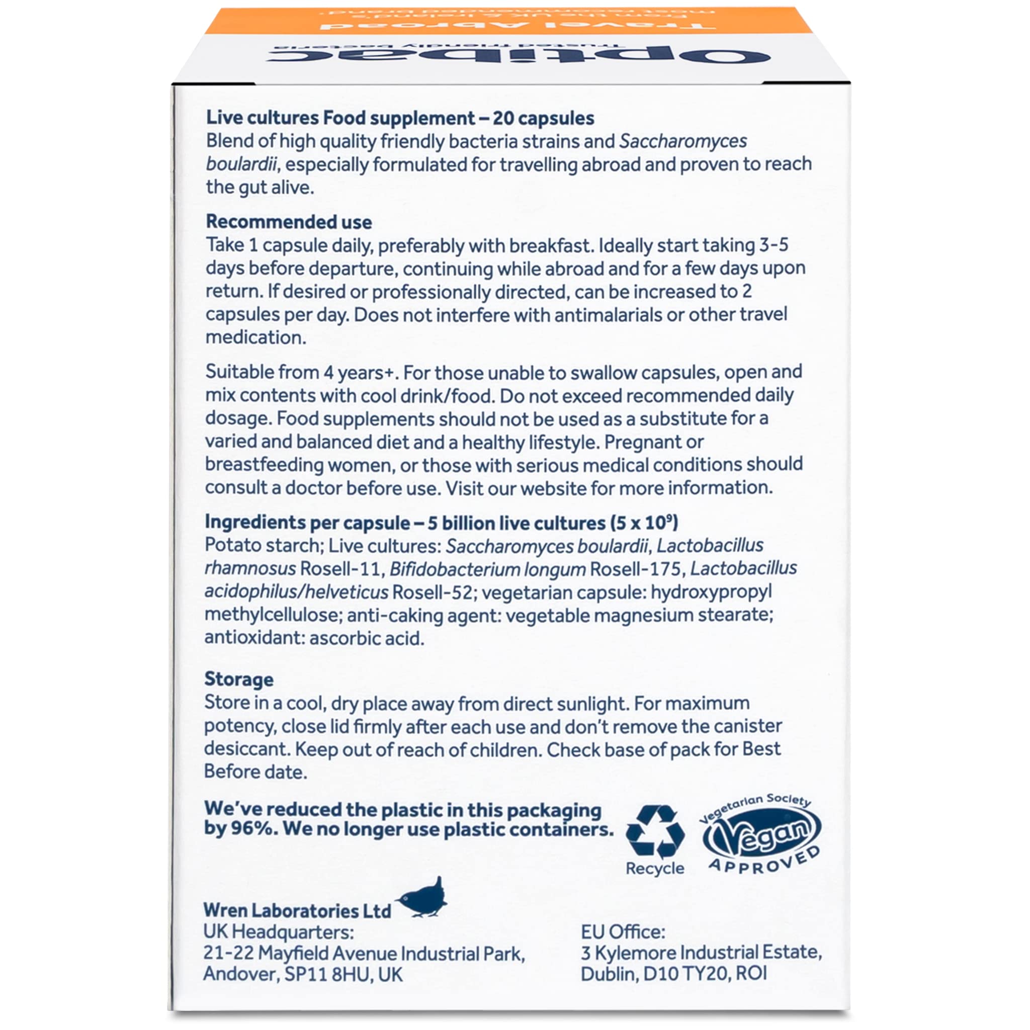 Quality assurance badges on Optibac packaging