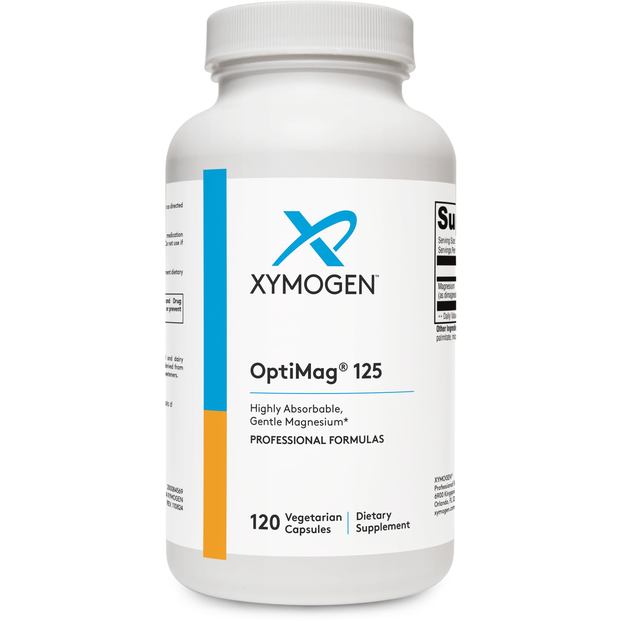 Bottle of XYMOGEN OptiMag 125 magnesium supplement on white background