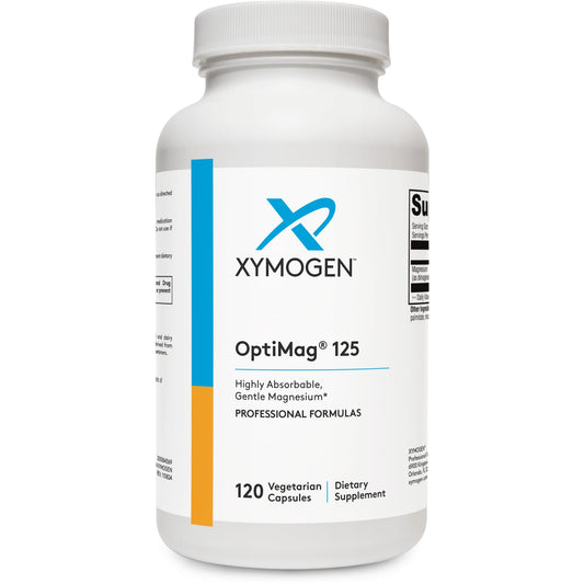 Bottle of XYMOGEN OptiMag 125 magnesium supplement on white background