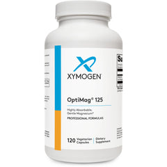 Bottle of XYMOGEN OptiMag 125 magnesium supplement on white background