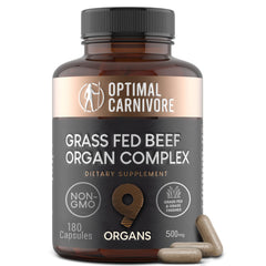 Optimal Carnivore 9-Organ Complex liver capsules image highlighting energy support and nutrient density