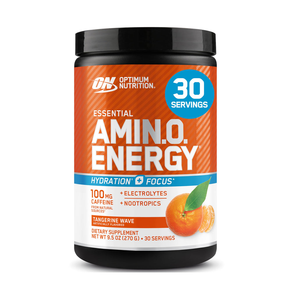 Optimum Nutrition Amino Energy + Electrolytes Tangerine Wave label showing 30 servings