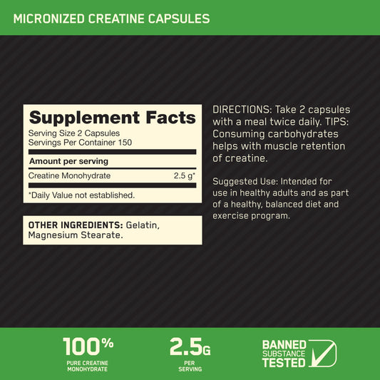 Close-up of 2-capsule serving showing 2500 mg creatine monohydrate