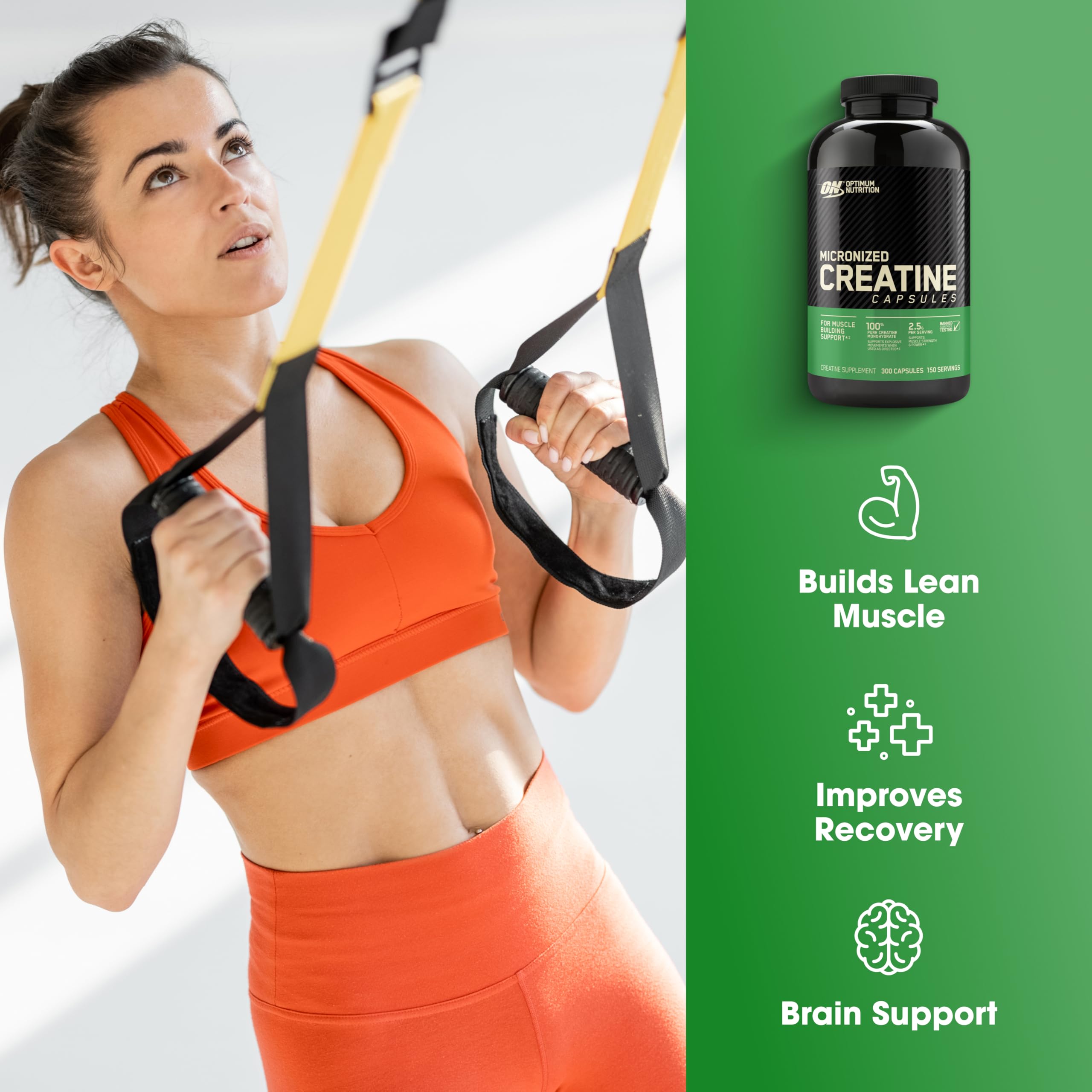 Optimum Nutrition Creatine 2500 capsules serving size shown for quick dosing.