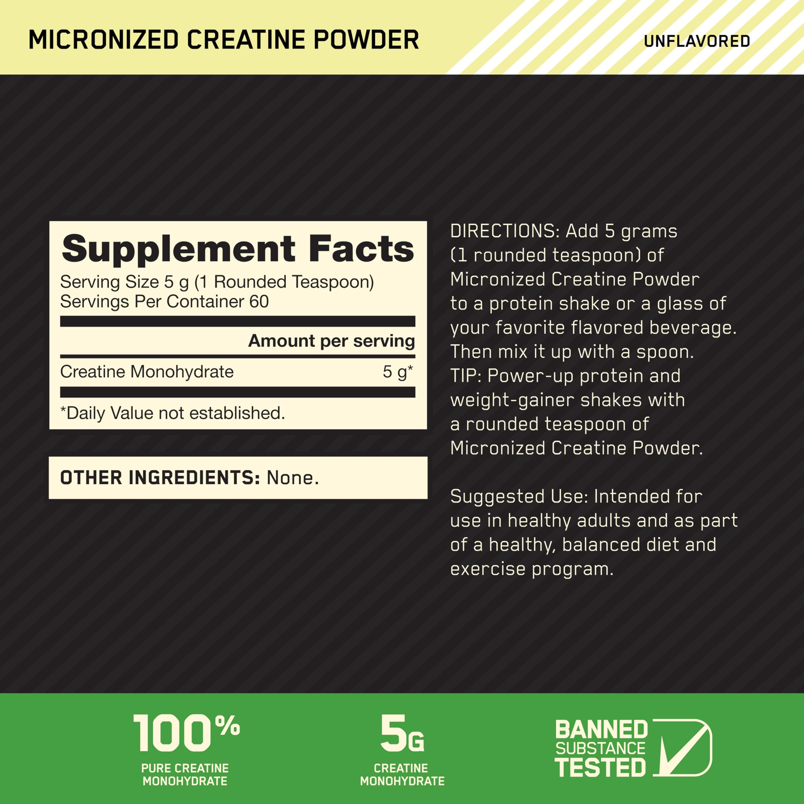 Close-up of 5g Creatine Monohydrate per serving on label