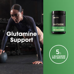 Optimum Nutrition L-Glutamine powder measuring scoop for easy dosing.