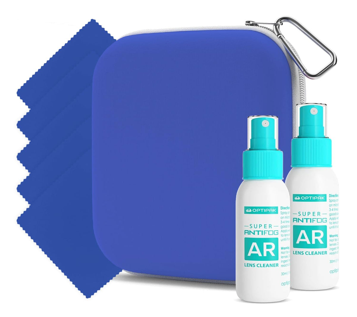 OPTIPAK Anti Fog Lens Cleaner Kit with blue neoprene pouch and two 1oz bottles