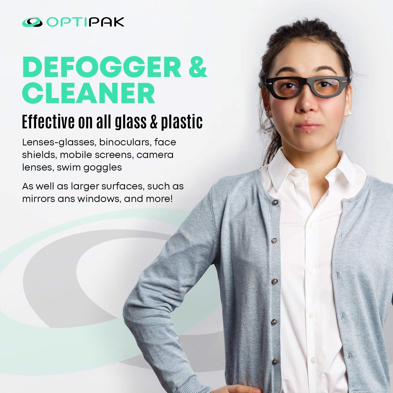 User applying OPTIPAK anti fog spray on eyeglasses