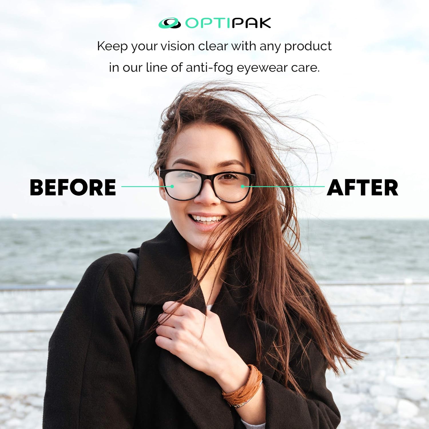 Eyeglasses with defogged mirror reflecting in the spray kit