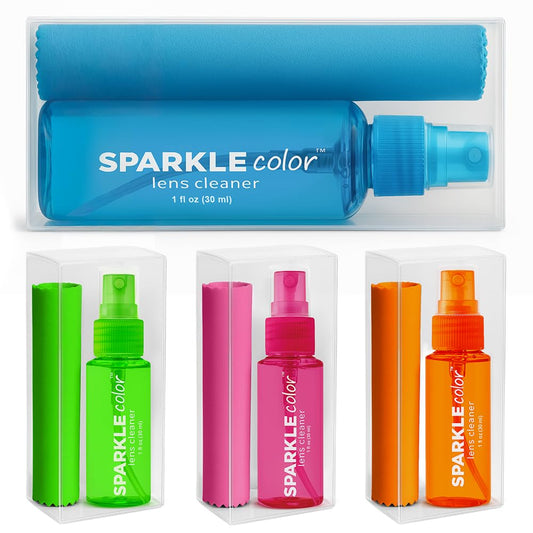 OPTIPAK Eyeglass Lens Cleaner Kit – four 1oz bottles in blue, green, pink, and orange