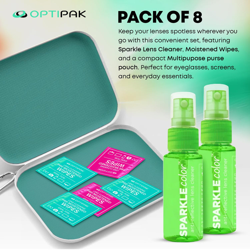 Close-up of glasses being cleaned with OPTIPAK spray