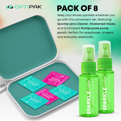 Close-up of glasses being cleaned with OPTIPAK spray