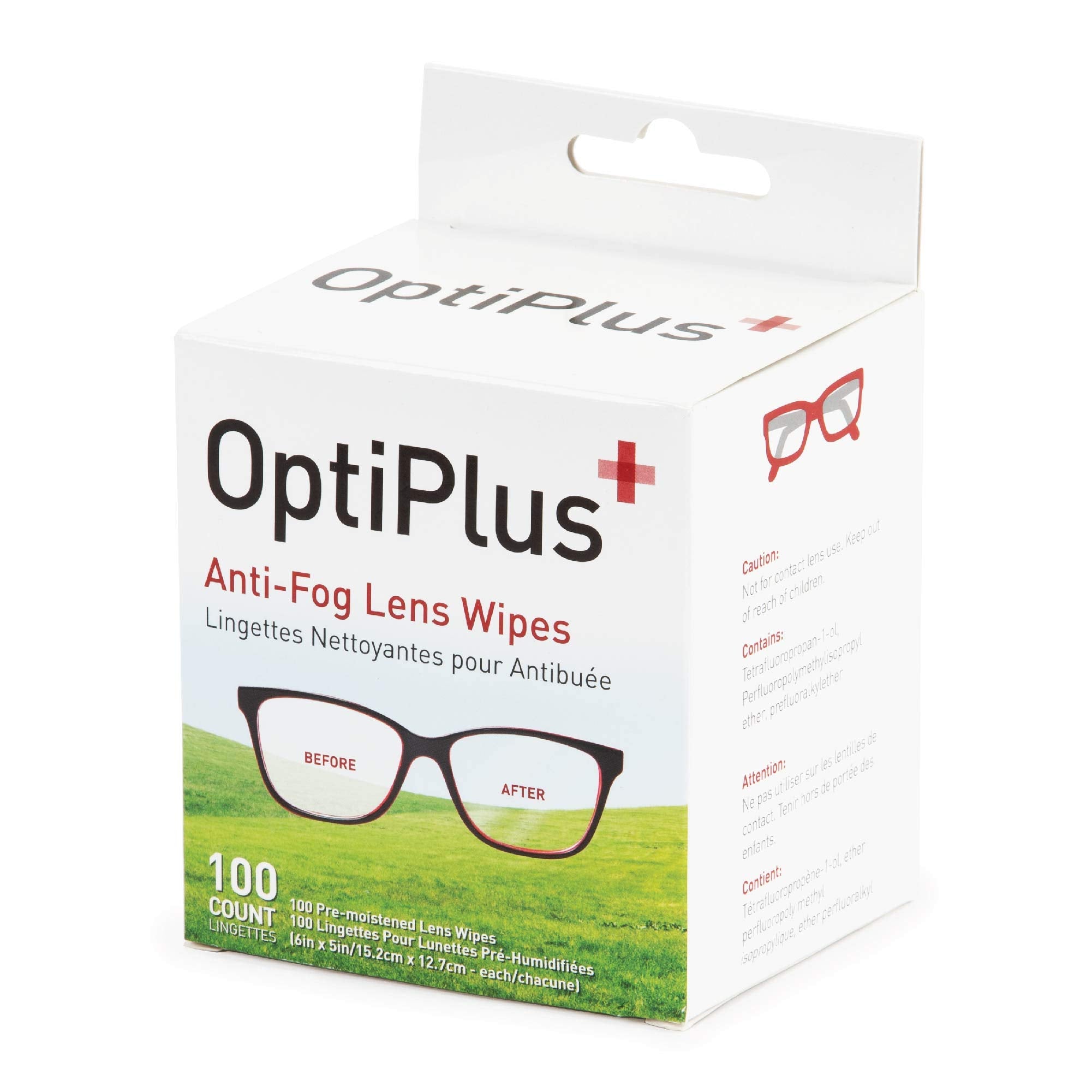 Front view of OptiPlus Anti-Fog Wipes packaging