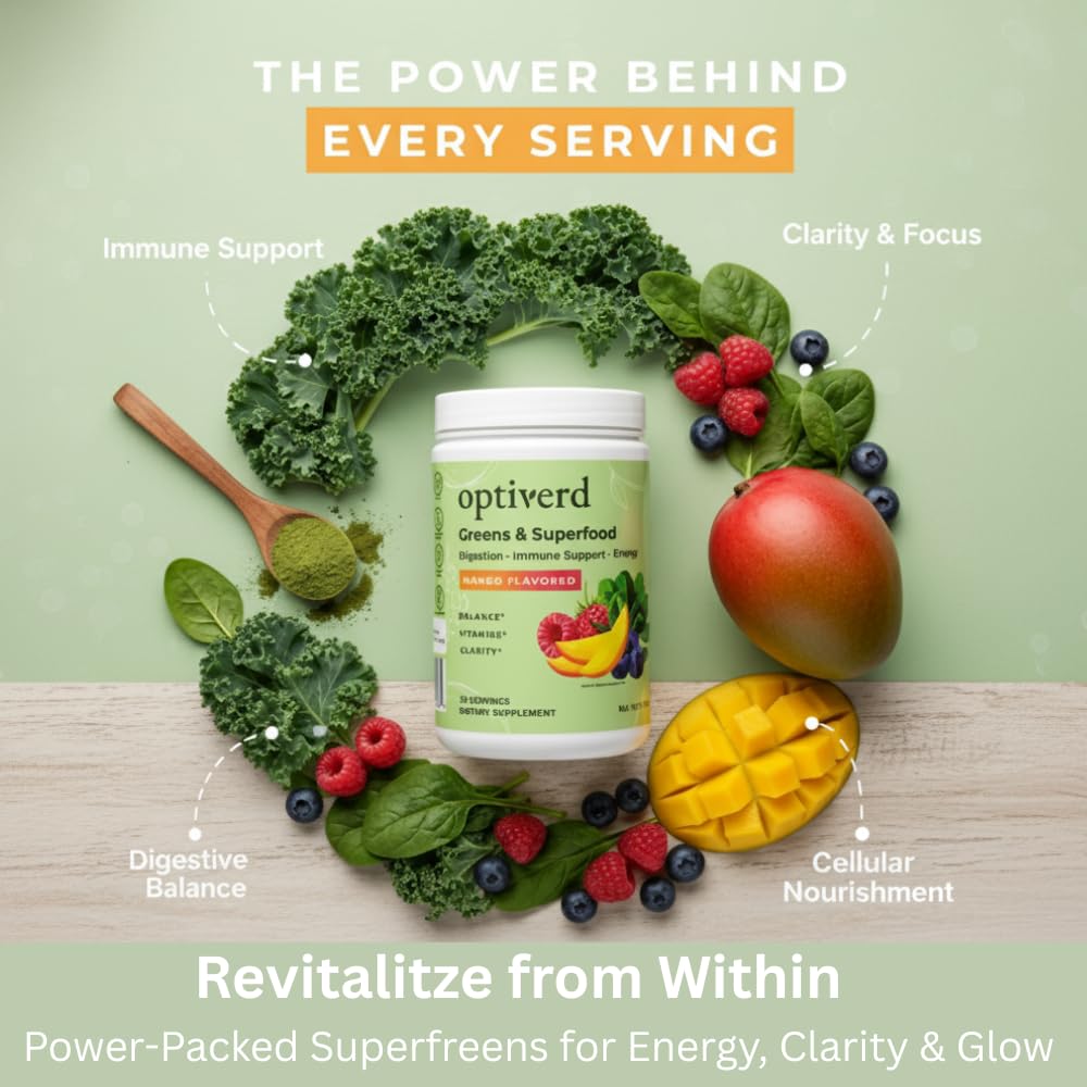 Natural mango flavor OptiVerd Greens powder—stevia-sweetened for a smooth taste