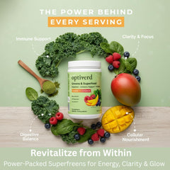 Natural mango flavor OptiVerd Greens powder—stevia-sweetened for a smooth taste