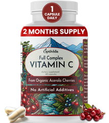 Front view of OPTIVIDA Acerola Cherry Capsules bottle