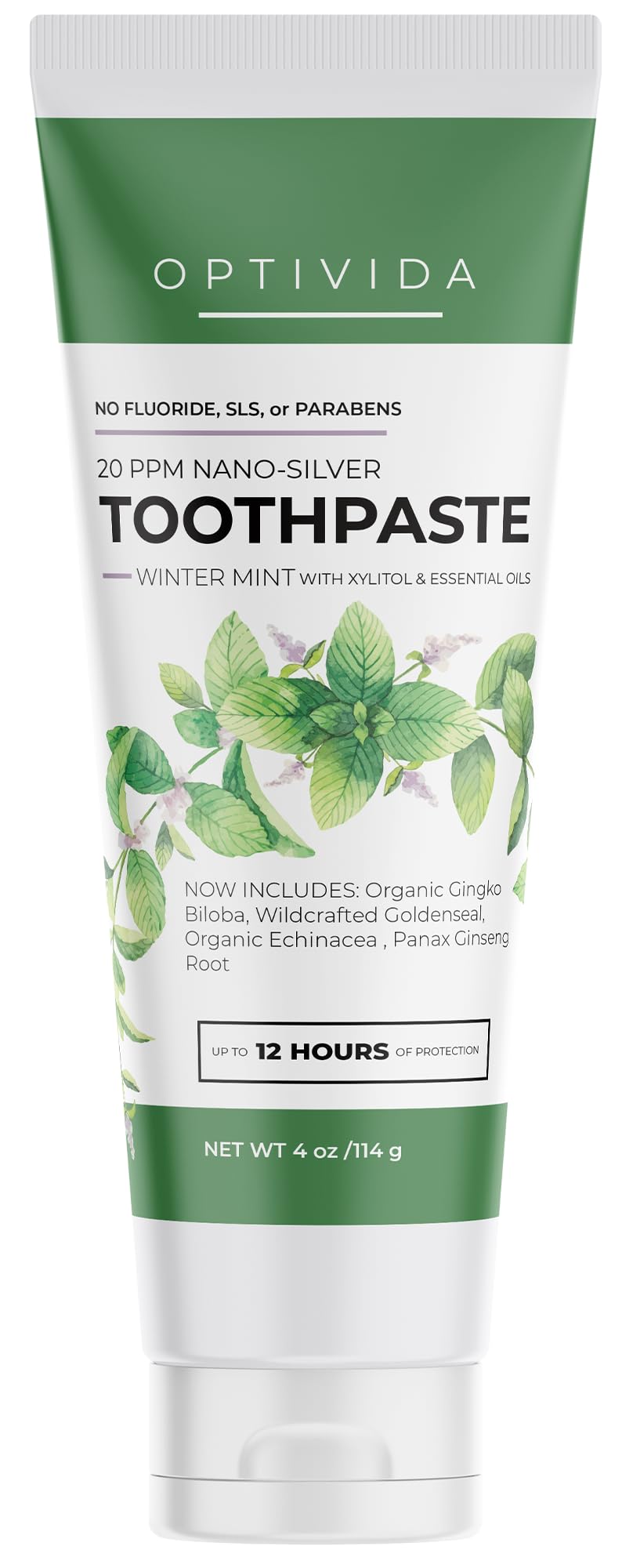 Optivida fluoride-free toothpaste tube 4oz front view