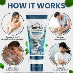 OPTIVIDA Colloidal Silver Gel packaging highlights unscented, gentle wound care.