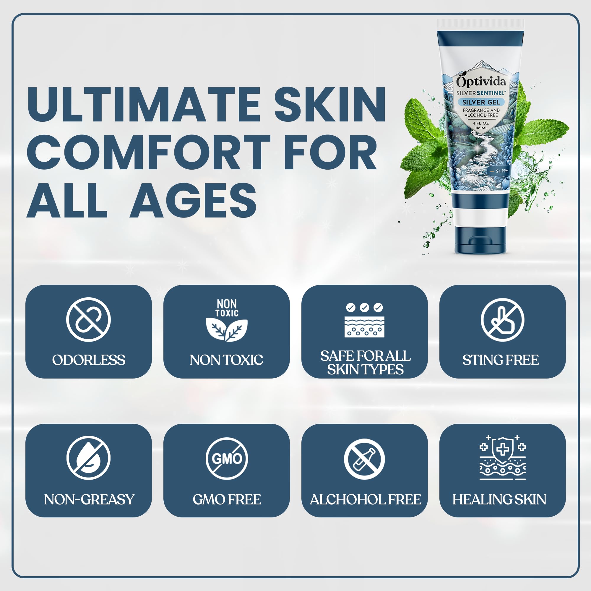 OPTIVIDA Colloidal Silver Gel suitable for all skin types with a non-GMO formula.